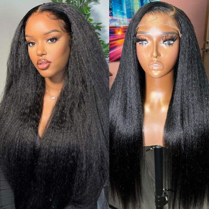 Yaki Straight 13X4 HD Transparent Lace Wig Wig 180% Density Pre Plucked With Baby Hair Kinky Straight Lace Wig Human Hair Factory Do Wholesale