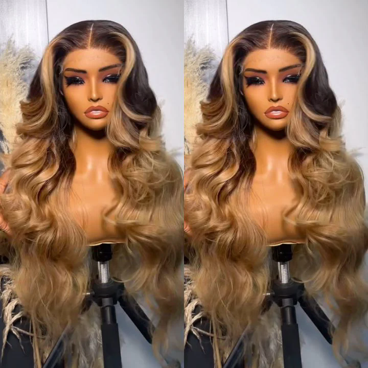 Show Real Hot Selling 13X4 HD Swiss Lace Frontal Wig Body Wave 4x4 Glueless Dark Brown Honey Ombre Long Wigs Raw Vietnamese Human Hair Lace Front Wig