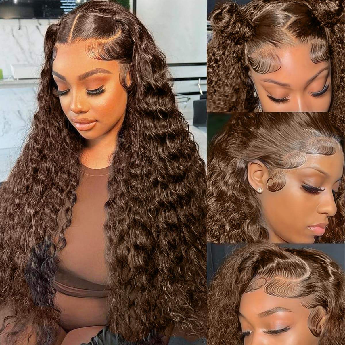 Show Real Water Wave Vietnamese Human Hair Brown Color Lace Front Wigs Remy Vietnamese Human hair Per Plucked 13x4 4x4 HD Transparent Lace Front Closure Glueless Wigs
