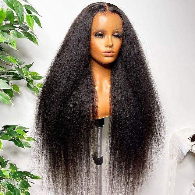 Yaki Straight 13X4 HD Transparent Lace Wig Wig 180% Density Pre Plucked With Baby Hair Kinky Straight Lace Wig Human Hair Factory Do Wholesale