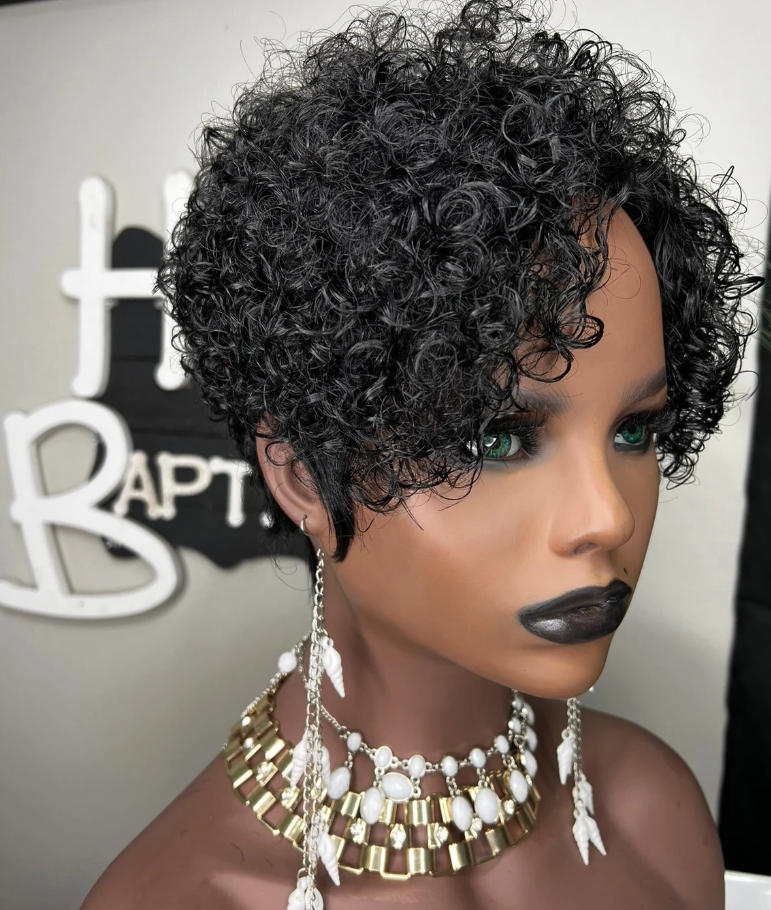 ShowRealHair Glueless Pixie Wig Curly Pixie Cut Wig Human Hair Short Wigs Short Curly Wigs for Women Full and Fluffy Machine Made Wig Human Hair Pixie Cut Glueless Hair Replacement Wig Black Color