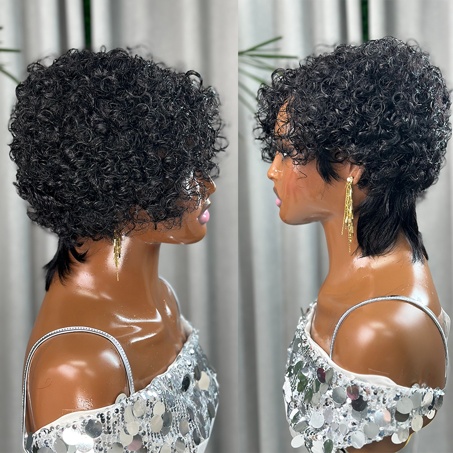 ShowRealHair Glueless Pixie Wig Curly Pixie Cut Wig Human Hair Short Wigs Short Curly Wigs for Women Full and Fluffy Machine Made Wig Human Hair Pixie Cut Glueless Hair Replacement Wig Black Color