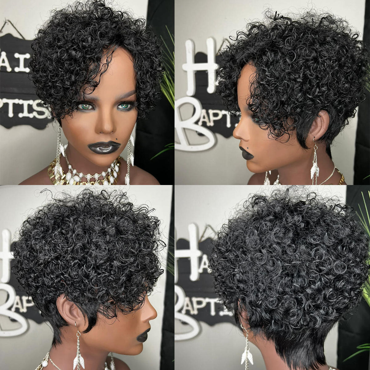 ShowRealHair Glueless Pixie Wig Curly Pixie Cut Wig Human Hair Short Wigs Short Curly Wigs for Women Full and Fluffy Machine Made Wig Human Hair Pixie Cut Glueless Hair Replacement Wig Black Color