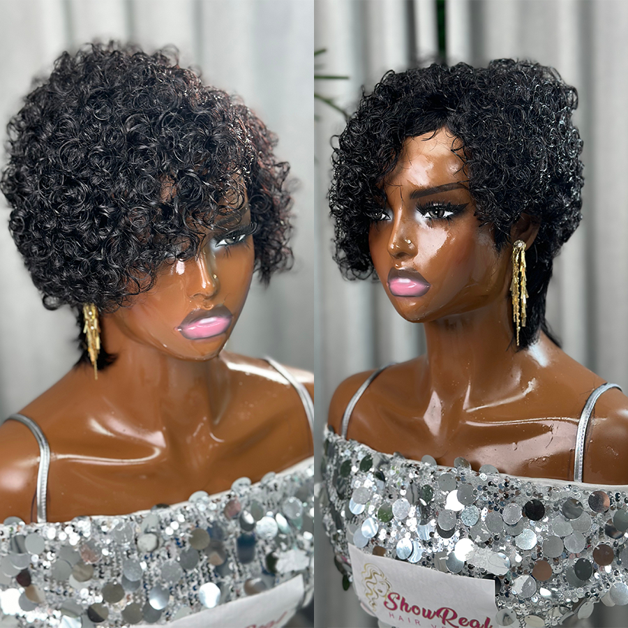 ShowRealHair Glueless Pixie Wig Curly Pixie Cut Wig Human Hair Short Wigs Short Curly Wigs for Women Full and Fluffy Machine Made Wig Human Hair Pixie Cut Glueless Hair Replacement Wig Black Color