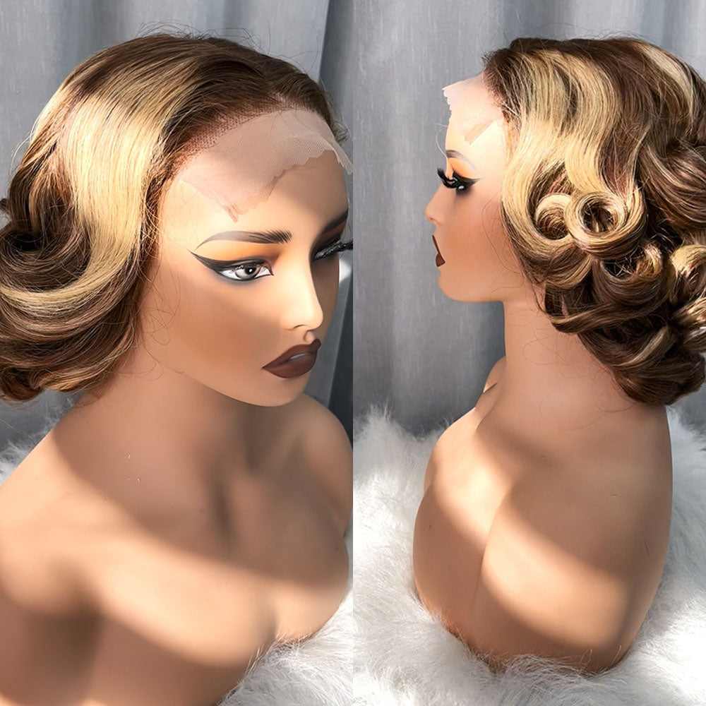 Customized Wig 13x4 Lace Front Wig Short Bob Style 4/27 Pre Plucked Loose Wave Curly Human Hair Wig 12 Inches for Women Girls