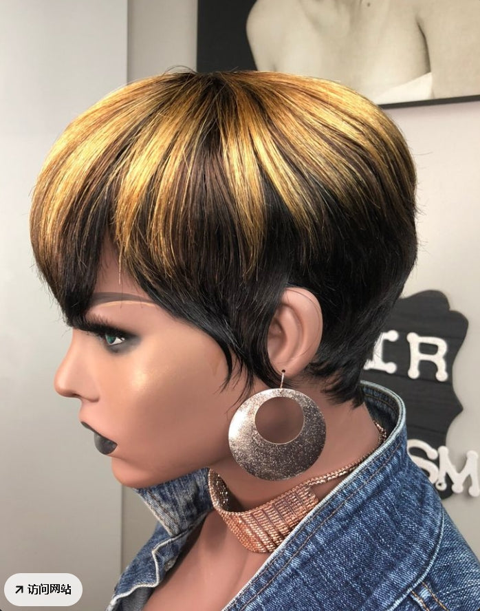 Pixie Cut Wig Human Hair Wigs For Black Women Short Pixie Cut Human Hair Wigs With Bangs Full Machine Made Brazilian Virgin Human Hair Nature Black Color