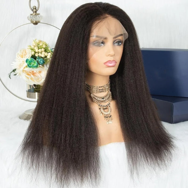 ShowReal Kinky Straight Lace Front Wigs Human Hair 13x4 Transparent Lace Front Wig Human Hair With Pre Plucked 180% Density Yaki Straight Human Hair Wig