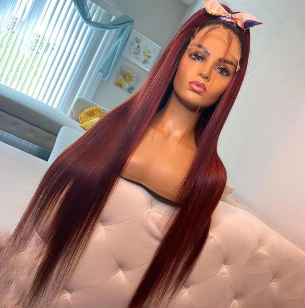 ShowReal 99j Burgundy 13x4 HD Lace Frontal Wig Bone Straight Lace Front Wigs 180% Density Brazilian Human Hair Wigs For Women