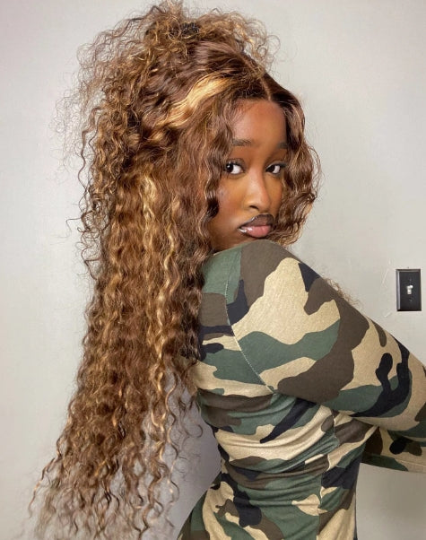 ShowReal 30 Inch Honey Blonde Ombre Lace Front Wig 13x4 Deep Wave Highlight Lace Front Wigs P4/27 HD Deep Wave Lace Frontal for Women with Baby Hair