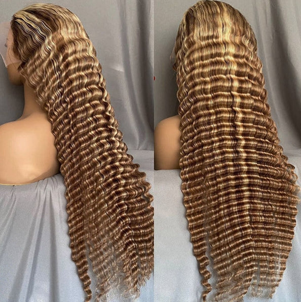 ShowReal 30 Inch Honey Blonde Ombre Lace Front Wig 13x4 Deep Wave Highlight Lace Front Wigs P4/27 HD Deep Wave Lace Frontal for Women with Baby Hair