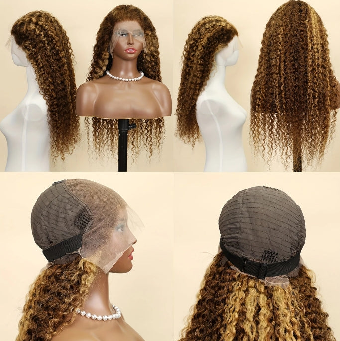ShowReal 30 Inch Honey Blonde Ombre Lace Front Wig 13x4 Deep Wave Highlight Lace Front Wigs P4/27 HD Deep Wave Lace Frontal for Women with Baby Hair