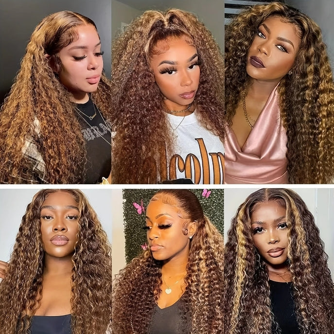ShowReal 30 Inch Honey Blonde Ombre Lace Front Wig 13x4 Deep Wave Highlight Lace Front Wigs P4/27 HD Deep Wave Lace Frontal for Women with Baby Hair