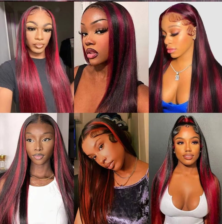 ShowReal Ombre Highlight 13x4 Straight Lace Front Wig Black And Burgundy Wig Human Hair 13x6 Hd Lace Frontal Wigs 99J Bone Straight Human Hair Wigs 180% Density