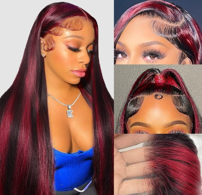 ShowReal Ombre Highlight 13x4 Straight Lace Front Wig Black And Burgundy Wig Human Hair 13x6 Hd Lace Frontal Wigs 99J Bone Straight Human Hair Wigs 180% Density