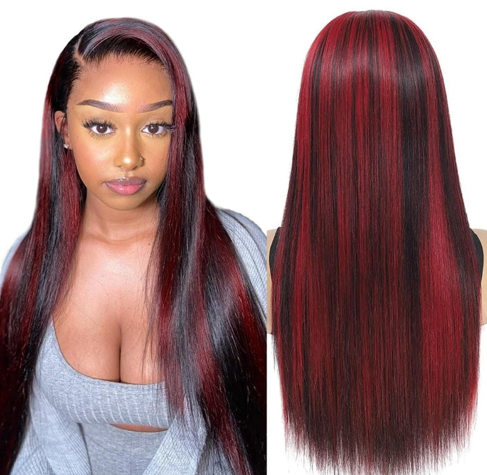 ShowReal Ombre Highlight 13x4 Straight Lace Front Wig Black And Burgundy Wig Human Hair 13x6 Hd Lace Frontal Wigs 99J Bone Straight Human Hair Wigs 180% Density