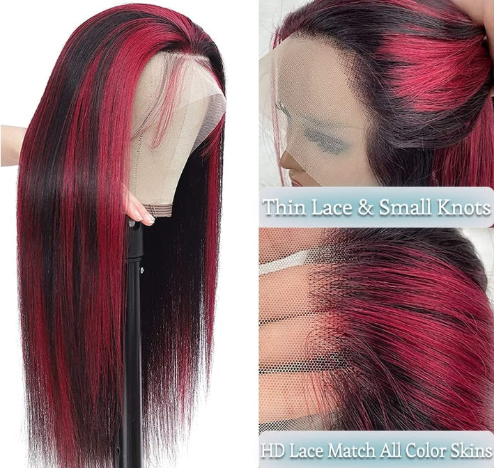 ShowReal Ombre Highlight 13x4 Straight Lace Front Wig Black And Burgundy Wig Human Hair 13x6 Hd Lace Frontal Wigs 99J Bone Straight Human Hair Wigs 180% Density