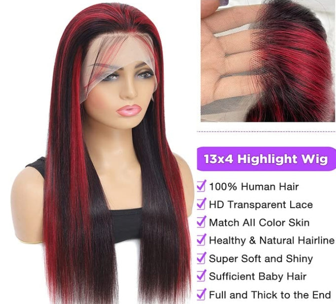 ShowReal Ombre Highlight 13x4 Straight Lace Front Wig Black And Burgundy Wig Human Hair 13x6 Hd Lace Frontal Wigs 99J Bone Straight Human Hair Wigs 180% Density