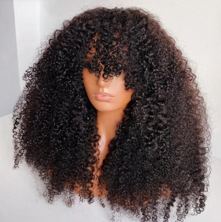 ShowReal Afro Kinky Curly Human Hair Wig with Bangs Full Machine Made Wig Glueless Virgin Brazilian Afro Curly Wigs for Black Women 200% Density Natural Color 12 inch 24 inch