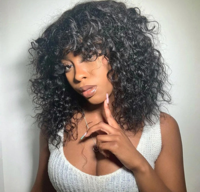 ShowReal Curly Human Hair Wigs With Bangs Curly Bob Wigs 200% Density Virgin Human Hair Full Machine Made Wig For Black Women Brazilian Curly Bob Wigs Natural Color 12 Inch 14 Inch
