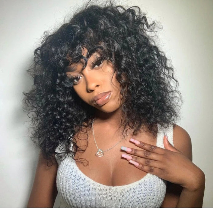 ShowReal Curly Human Hair Wigs With Bangs Curly Bob Wigs 200% Density Virgin Human Hair Full Machine Made Wig For Black Women Brazilian Curly Bob Wigs Natural Color 12 Inch 14 Inch