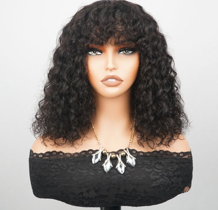 ShowReal Curly Human Hair Wigs With Bangs Curly Bob Wigs 200% Density Virgin Human Hair Full Machine Made Wig For Black Women Brazilian Curly Bob Wigs Natural Color 12 Inch 14 Inch