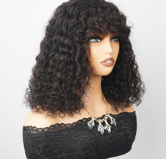 ShowReal Curly Human Hair Wigs With Bangs Curly Bob Wigs 200% Density Virgin Human Hair Full Machine Made Wig For Black Women Brazilian Curly Bob Wigs Natural Color 12 Inch 14 Inch