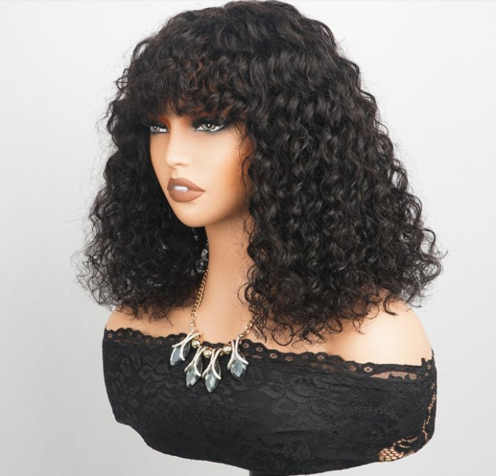 ShowReal Curly Human Hair Wigs With Bangs Curly Bob Wigs 200% Density Virgin Human Hair Full Machine Made Wig For Black Women Brazilian Curly Bob Wigs Natural Color 12 Inch 14 Inch
