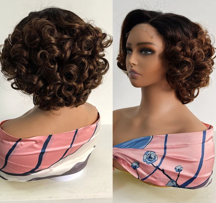 ShowReal 12A Short Curly Human Hair Wig Coiled Bob Lace Closure Wigs 200% Density Body Weave Wear and Go Ombre Bouncy Curly 5x5 HD Lace Closure Wigs
