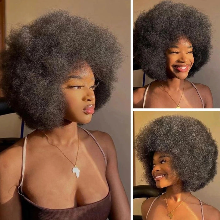 Customized Wig 180% Density Short Afro Curly Human Hair Wigs for Black Women Fluffy Natural 70s Afro Puff Wig with Bangs