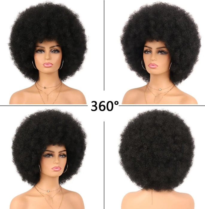 Customized Wig 180% Density Short Afro Curly Human Hair Wigs for Black Women Fluffy Natural 70s Afro Puff Wig with Bangs