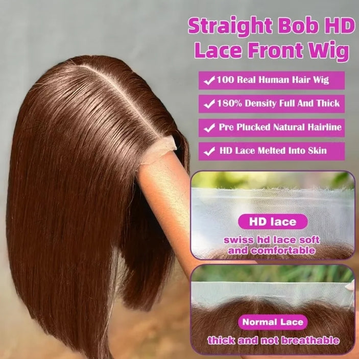 Customized Wig Chocolate Brown 13X4 Straight Bob Wig Human Hair Glueless Lace Frontal Wigs Pre Plucked With Baby Hair 100% Unprocessed HD Transparent Chocolate Brown Bob Lace Front Wigs For Black Women