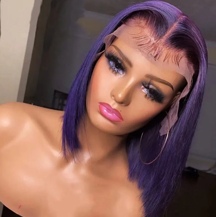 Customized Wig Dark Purple Bob 13x4 Lace Front Wig Human Hair Pre Plucked Natural Hairline HD Transparent Lace Frontal Colored Bob for Women Short Straight Purple Bob Wigs 10 Inch 180% Density