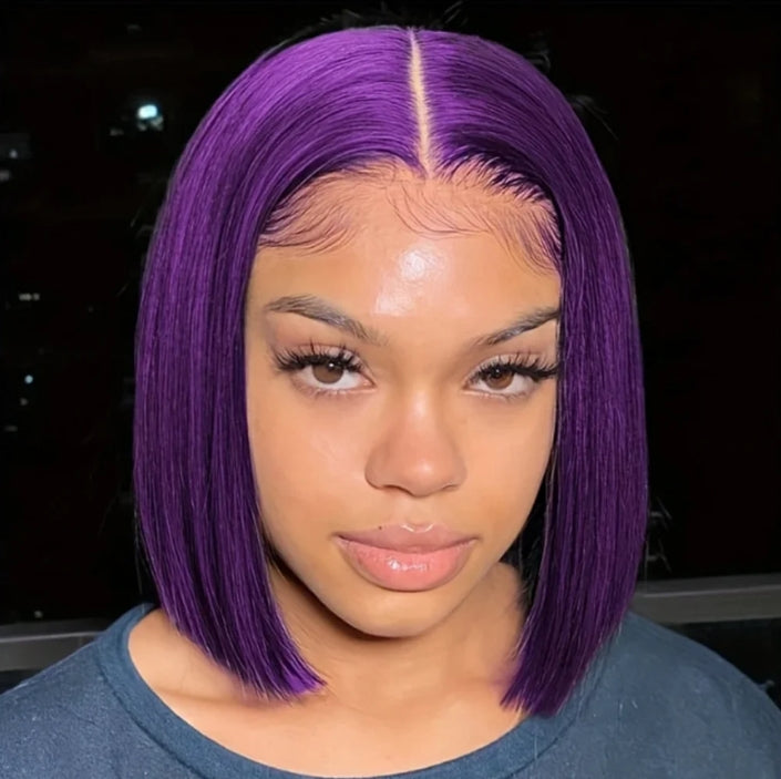 Customized Wig Dark Purple Bob 13x4 Lace Front Wig Human Hair Pre Plucked Natural Hairline HD Transparent Lace Frontal Colored Bob for Women Short Straight Purple Bob Wigs 10 Inch 180% Density