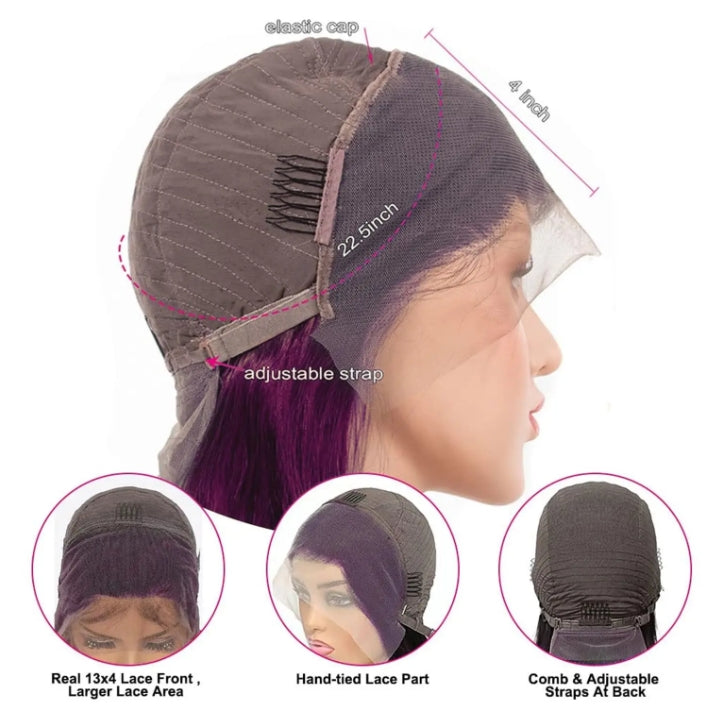 Customized Wig Dark Purple Bob 13x4 Lace Front Wig Human Hair Pre Plucked Natural Hairline HD Transparent Lace Frontal Colored Bob for Women Short Straight Purple Bob Wigs 10 Inch 180% Density