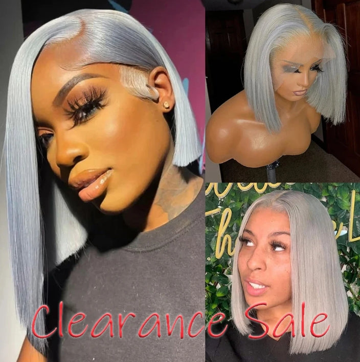 Customized Wig Grey Bob Wig Human Hair Glueless 13x4 Transparent Lace Bob Frontal Human Hair Wigs For Black Women 180% Density Pre Plucked Baby Hair Grey Short Bob Wig