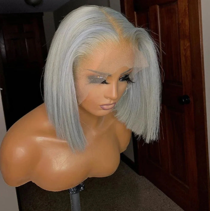Customized Wig Grey Bob Wig Human Hair Glueless 13x4 Transparent Lace Bob Frontal Human Hair Wigs For Black Women 180% Density Pre Plucked Baby Hair Grey Short Bob Wig