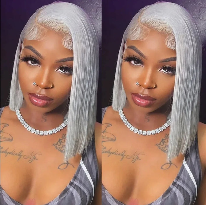 Customized Wig Grey Bob Wig Human Hair Glueless 13x4 Transparent Lace Bob Frontal Human Hair Wigs For Black Women 180% Density Pre Plucked Baby Hair Grey Short Bob Wig