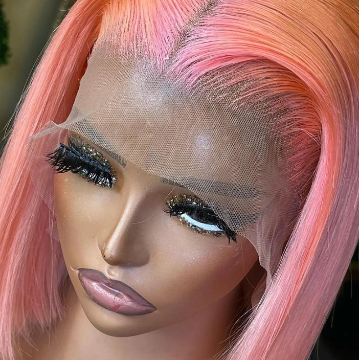 Customized Wig Pink Bob Wig Human Hair 13x4 Transparent Lace Bob Frontal Human Hair Wigs For Black Women 180% Density Pre Plucked Baby Hair Pink Short Bob Wig