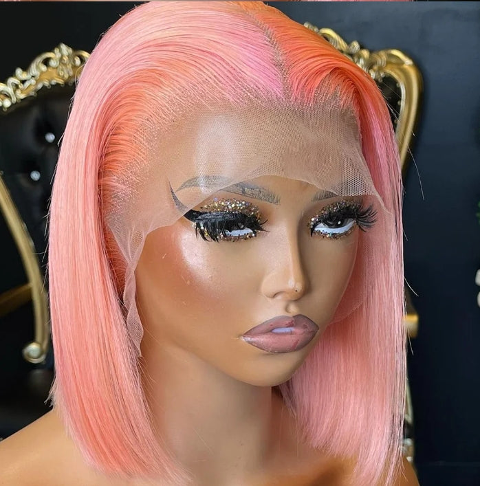 Customized Wig Pink Bob Wig Human Hair 13x4 Transparent Lace Bob Frontal Human Hair Wigs For Black Women 180% Density Pre Plucked Baby Hair Pink Short Bob Wig