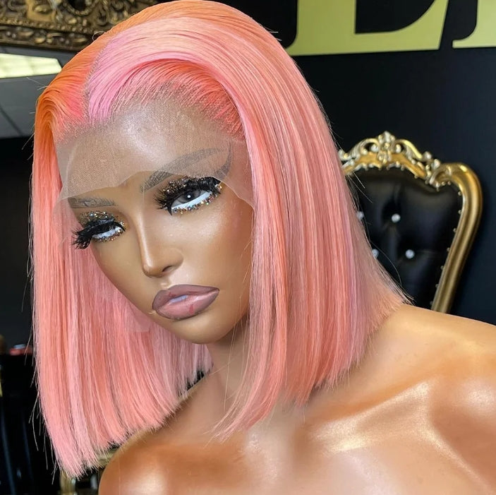 Customized Wig Pink Bob Wig Human Hair 13x4 Transparent Lace Bob Frontal Human Hair Wigs For Black Women 180% Density Pre Plucked Baby Hair Pink Short Bob Wig