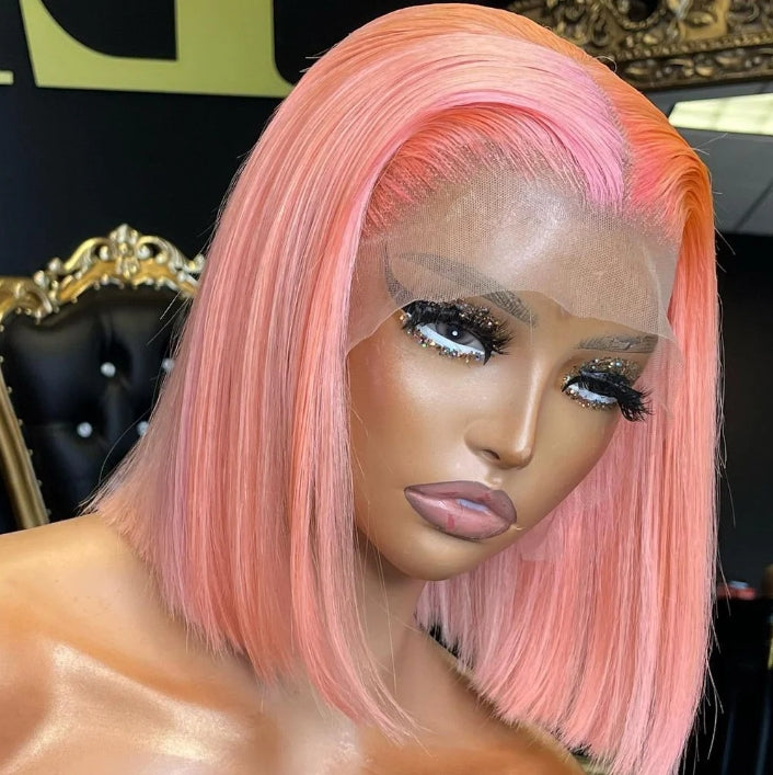Customized Wig Pink Bob Wig Human Hair 13x4 Transparent Lace Bob Frontal Human Hair Wigs For Black Women 180% Density Pre Plucked Baby Hair Pink Short Bob Wig