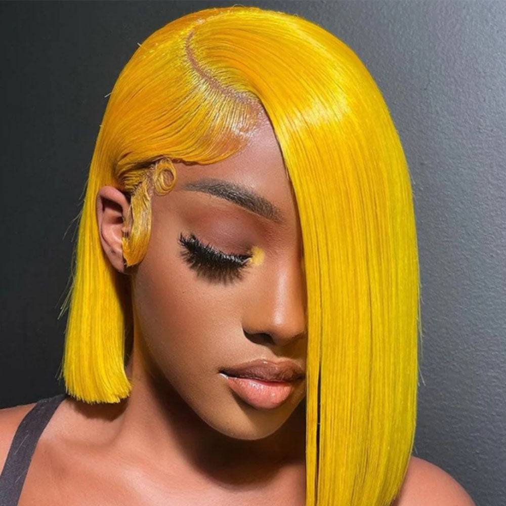 Customized Wig Yellow Wig Human Hair 13x4 Transparent Lace Bob Frontal Human Hair Wigs For Black Women 180% Density Pre Plucked Baby Hair Pink Short Bob Wig