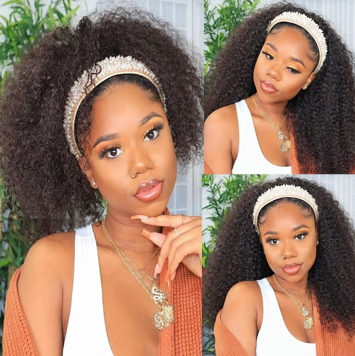 ShowReal Kinky Curly Human Hair Headband Wig For Black Women 180% Density Glueless Brazilian Remy Jerry Curl Full Machine Made Hair No Glue Ready To Wear Natural Brazilian Wigs With Headband