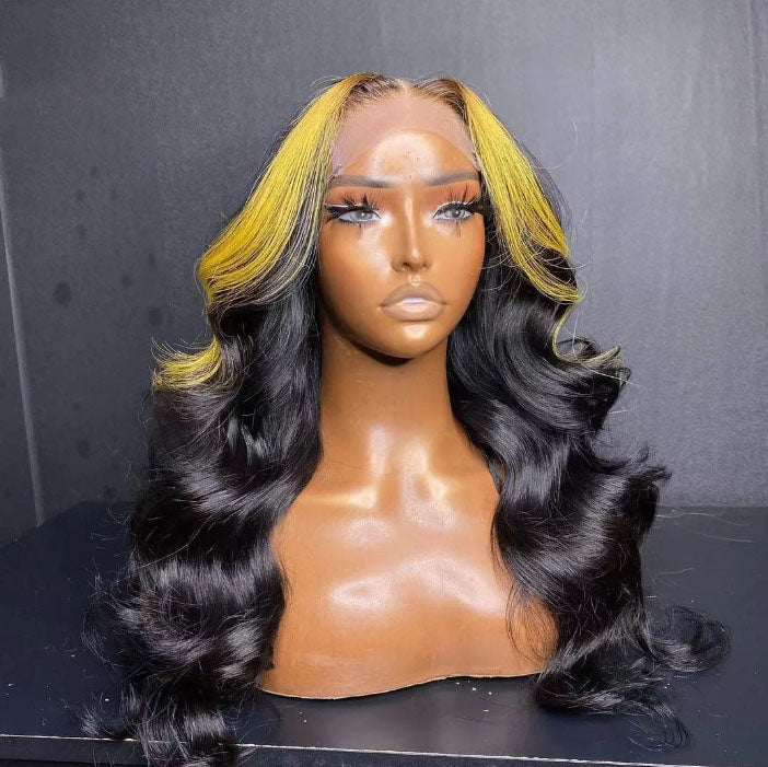 Customized Wig Natural Black with Yellow Highlight 13X4 4x4 Lace Frontal Wig Human Hair Transparent Body Wave Pre Plucked Hair Wig for Women 180% Density