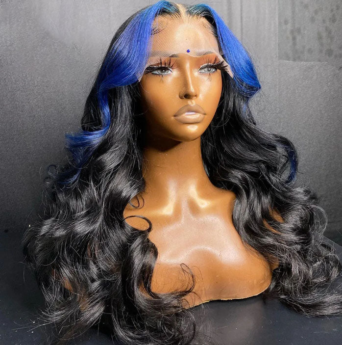 Customized Wig Natural Black with Yellow Highlight 13X4 4x4 Lace Frontal Wig Human Hair Transparent Body Wave Pre Plucked Hair Wig for Women 180% Density
