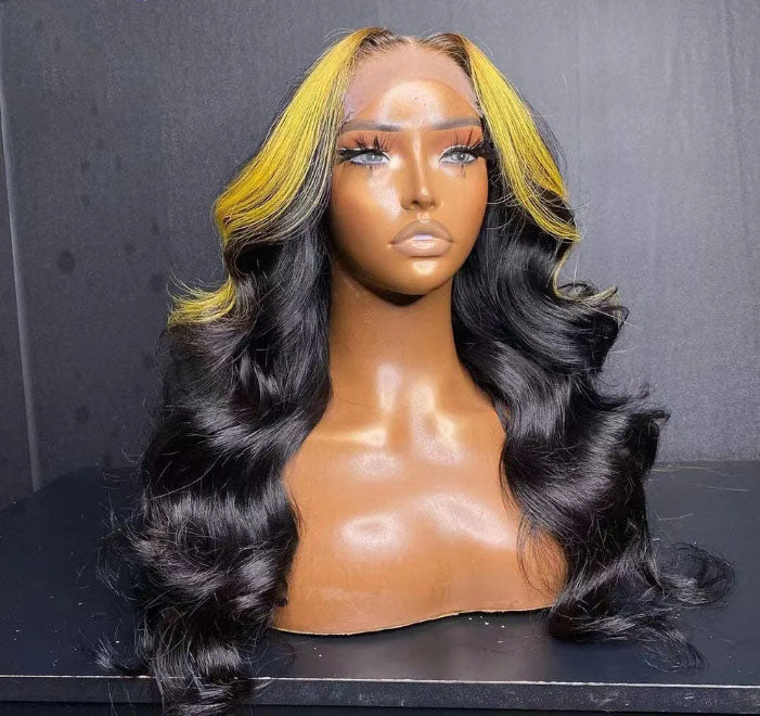 Customized Wig Natural Black with Yellow Highlight 13X4 4x4 Lace Frontal Wig Human Hair Transparent Body Wave Pre Plucked Hair Wig for Women 180% Density