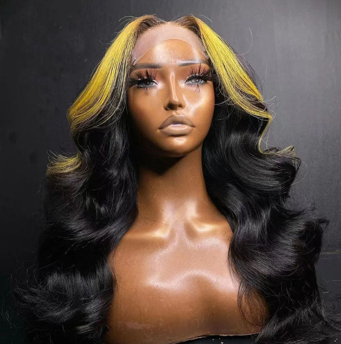 Customized Wig Natural Black with Yellow Highlight 13X4 4x4 Lace Frontal Wig Human Hair Transparent Body Wave Pre Plucked Hair Wig for Women 180% Density