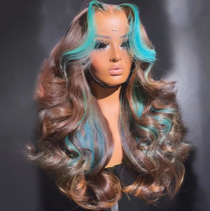 Customized Wig Brown with Tiffany Blue Highlight 13X4 4X4 Lace Frontal Wig Human Hair Transparent Body Wave Pre Plucked Hair Wig for Women 180% Density