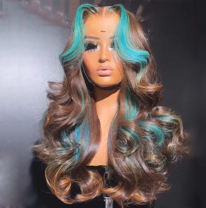 Customized Wig Brown with Tiffany Blue Highlight 13X4 4X4 Lace Frontal Wig Human Hair Transparent Body Wave Pre Plucked Hair Wig for Women 180% Density