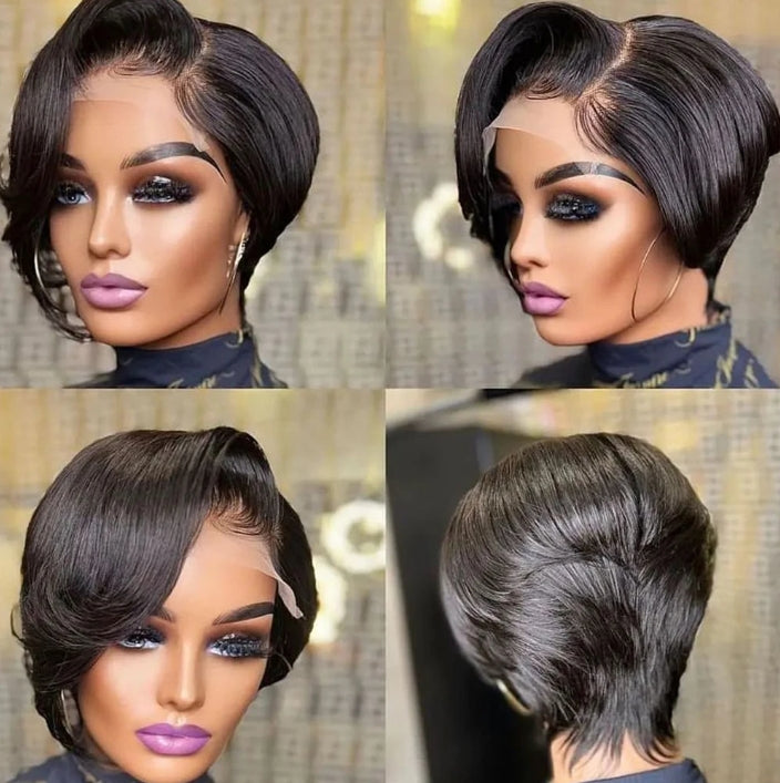 ShowReal Pixie Cut Wigs Human Hair 13x4 Short Pixie Cut Lace Front Wig for Women Black Pixie Cut Transparent Frontal Wig Layered Straight Hair 180% Density